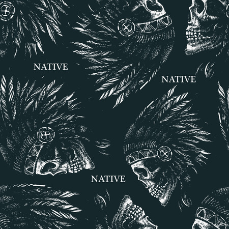 skull indian chief hand drawing style seamless background vector illustrationのイラスト素材