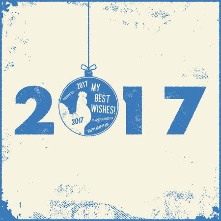 Christmas and New Year lettering calligraphy greeting card with 2017 year of the red fire rooster. Vector illustrationのイラスト素材