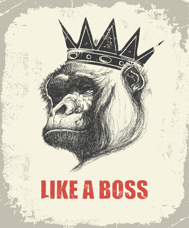 Monkey Face With Like A Boss Inscription Hand drawn Vector illustration.のイラスト素材