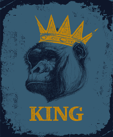 Monkey Face With King Inscription Hand drawn Vector illustration.のイラスト素材