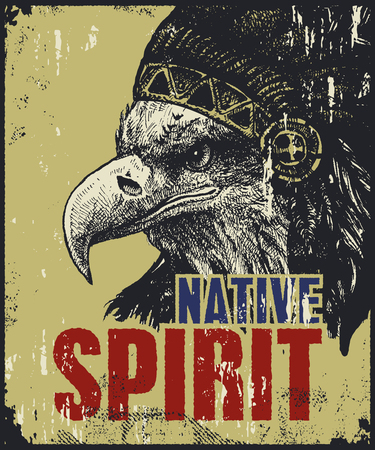 native American poster, eagle in war bonnet, vector illustrationのイラスト素材