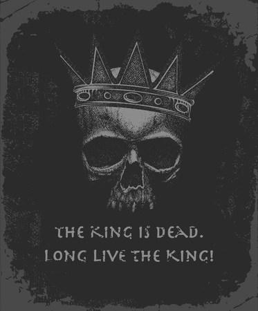 Hand drawn sketch skull with crown. Vintage vector illustration on black background.のイラスト素材
