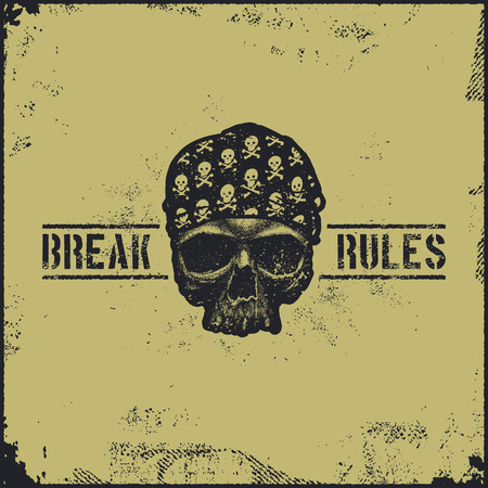 Hand drawn inspirational label with textured skull vector illustration and Break the rules lettering.のイラスト素材