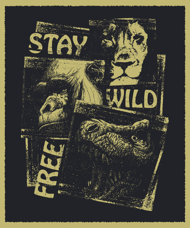 Animal heads Hand drawn collage. Vector illustration.のイラスト素材