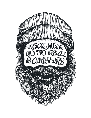 Real men go to real Barbers - Hipster quote and face look hand drawn illustration on the vintage backgroundの写真素材