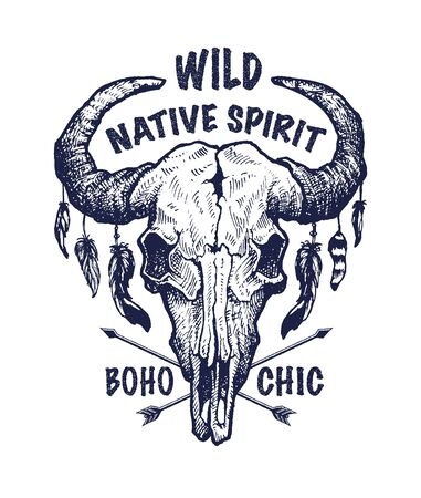 Buffalo skull vector sketch. Vintage vector illustration.の写真素材
