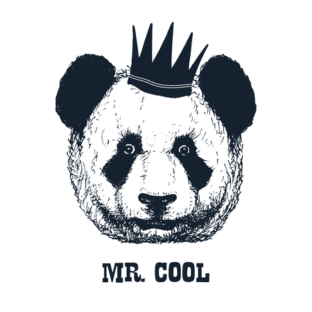 Hand drawn panda with crown in black and white isolated on whiteの写真素材
