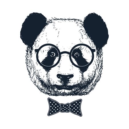 Hand drawn panda with sunglasses and bow tie. Vector illustration.の写真素材