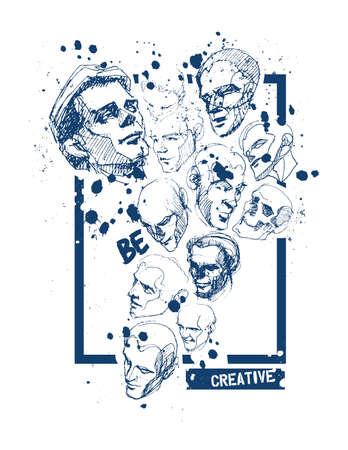 Hand drawn doodle faces of people of different styles. Vector illustration.の写真素材