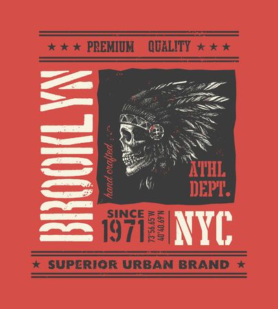 vintage urban typography with indian chief head, t-shirt graphics, vector illustrationの写真素材