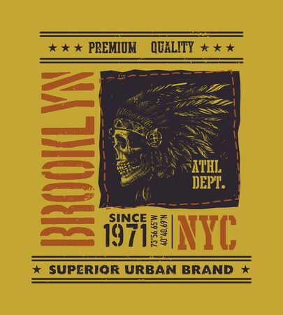vintage urban typography with indian chief head, t-shirt graphics, vector illustrationの写真素材