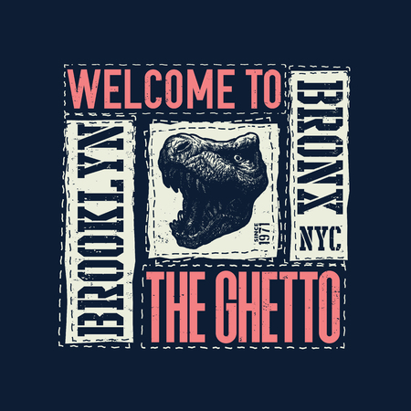 vintage urban typography with tyrannosaurus head, t-shirt graphics, vector illustrationのイラスト素材