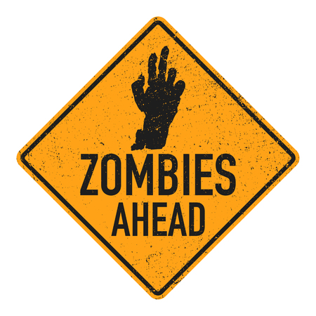 Sign board with zombie hand, words zombies ahead. Vector illustrationのイラスト素材