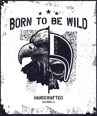 Skull biker in helmet with eagle head. Hand drawn. Vector illustration.のイラスト素材