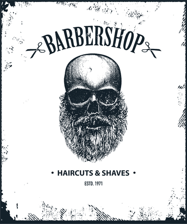 Poster of Barbershop label. Retro vintage hipster skull for brand, logo or t-shirt print. Logo template for branding design. Vector illustration.の写真素材