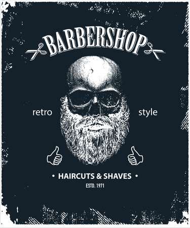 Poster of Barbershop label. Retro vintage hipster skull for brand, logo or t-shirt print. Logo template for branding design. Vector illustration.の写真素材
