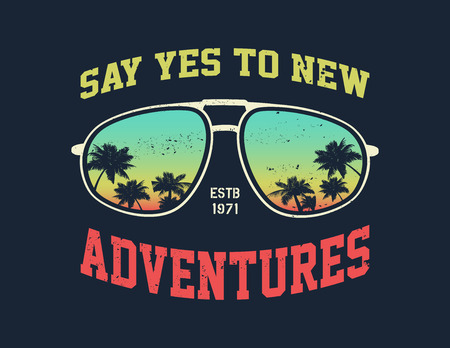 Vector Adventure graphic with sunglasses. Palm trees and sunset.のイラスト素材