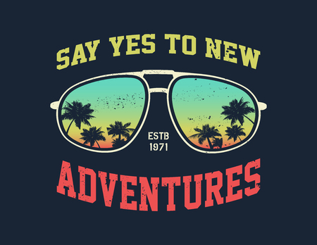 Vector Adventure graphic with sunglasses. Palm trees and sunset.の写真素材