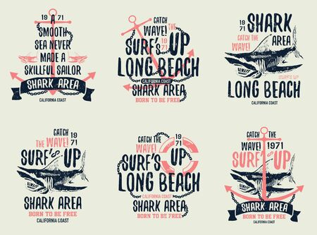 Shark illustration with typo for t shirt and other uses. Vector set.のイラスト素材