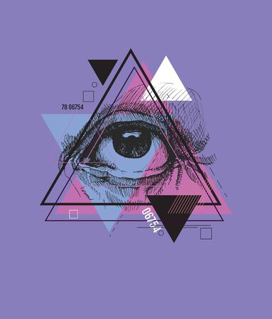 Abstract sacred geometrical symbol. Mystical emblem with eye. Hand drawn. Vector illustration.のイラスト素材