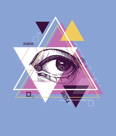 Abstract sacred geometrical symbol. Mystical emblem with eye. Hand drawn. Vector illustration.のイラスト素材