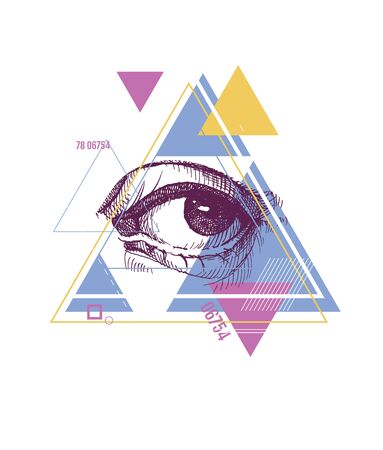Abstract sacred geometrical symbol. Mystical emblem with eye. Hand drawn. Vector illustration.のイラスト素材