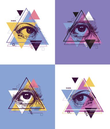 Abstract sacred geometrical symbol. Mystical emblem with eye. Hand drawn. Vector set.のイラスト素材