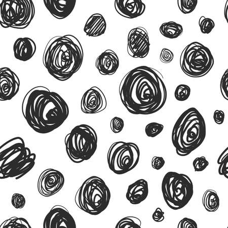 Scribble circles hand drawn seamless vector pattern. Chaotic rings ink dirty texture.のイラスト素材
