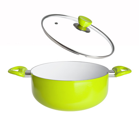 Green open cooking pan isolated on white backgroundの写真素材