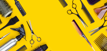 Stylish professional hair cutting tool and accessories with copy spaceの写真素材