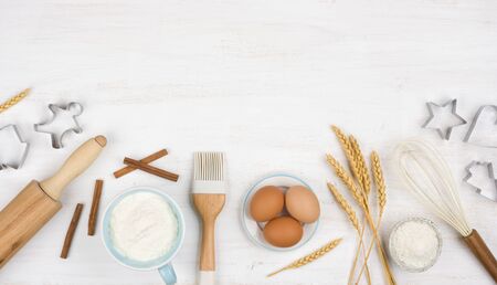 Top view of ingredients for cooking christmas baking with copyspaceの写真素材