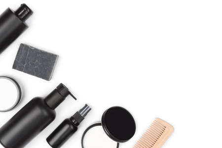 Cosmetics for men in bottles on white background with spaceの写真素材