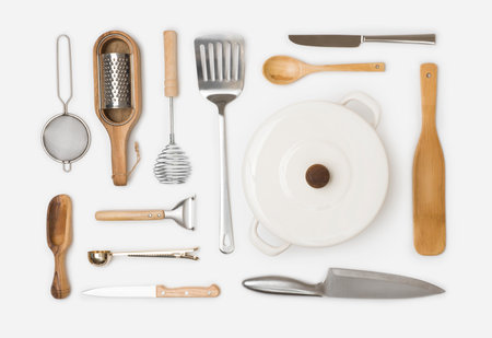 Kitchen utensils isolated on white background, top viewの写真素材