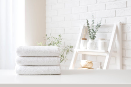 Spa towel stack on white table on bathroom interior backgroundの写真素材