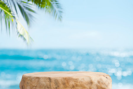 Summer product display on wooden podium at sea tropical beachの写真素材