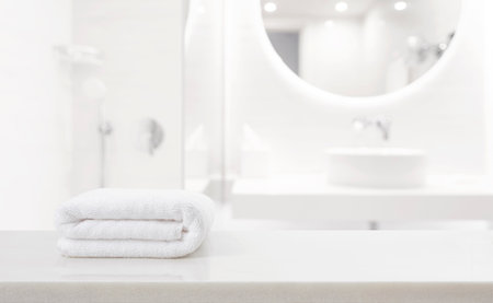 Fresh white spa towel on countertop in blurred moderm bathroomの写真素材
