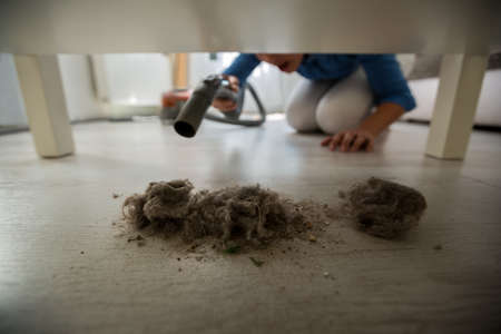 Housewife using vacuum cleaner for dust at homeの写真素材