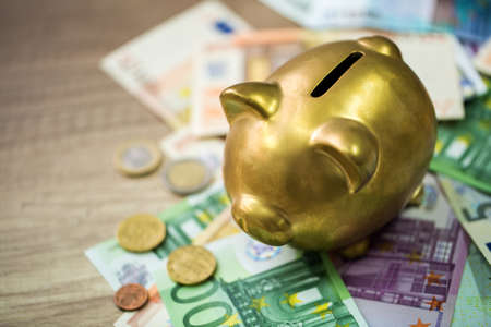 Piggy bank with euro on wooden table, finance concept