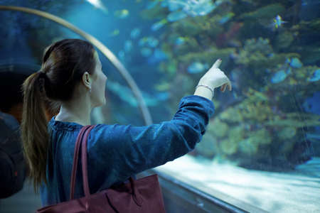 Young smiling pretty woman watching fishes in a tropical aquarの写真素材