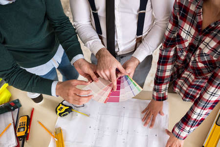 Architect team selects colors for the reconstruction of the building, closeupの写真素材