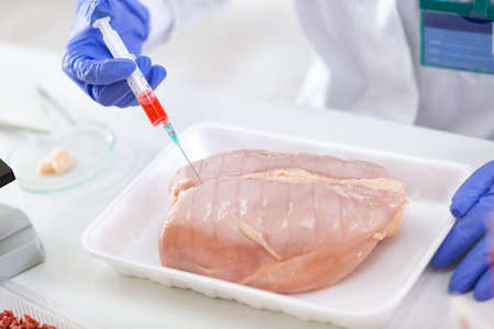 Putting sample of chemical with injection in to the test chicken meat close up