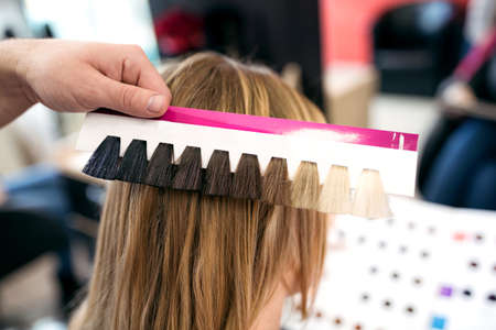 Professional hairdresser choose hair dye color at salon close upの写真素材