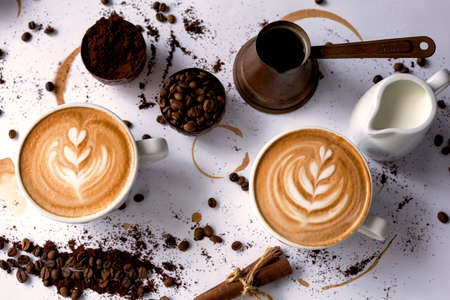 Refreshing espresso with copper coffee set and some coffee beansの写真素材