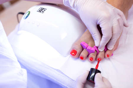 Elegant toe nails polishing, red toe nail polisher, pedicure spaの写真素材