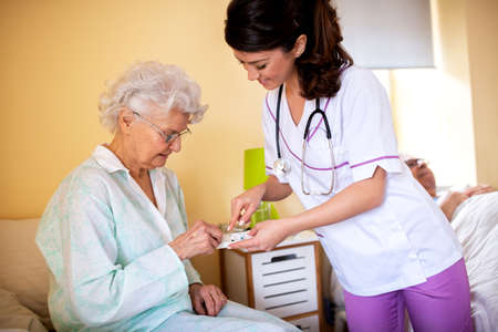 Brunette lady doctor and her nursing home elder woman patient having polite conversation, skilled nursing facility conceptの写真素材