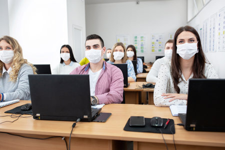 Students in class with safety face masks, safety concept