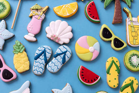 Mediterranean theme summer cookies, summer and beach motives, ideal treat for warm climate, tasty treats conceptの写真素材