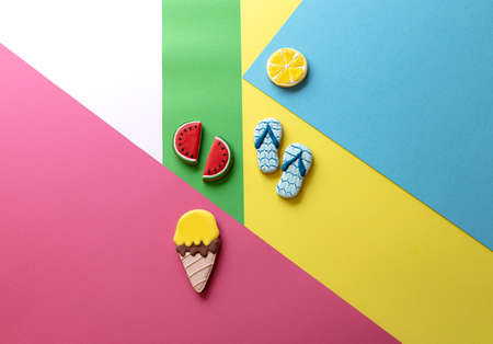 Cookies with special decoration representing summertime and enjoying, summer shapes conceptの写真素材