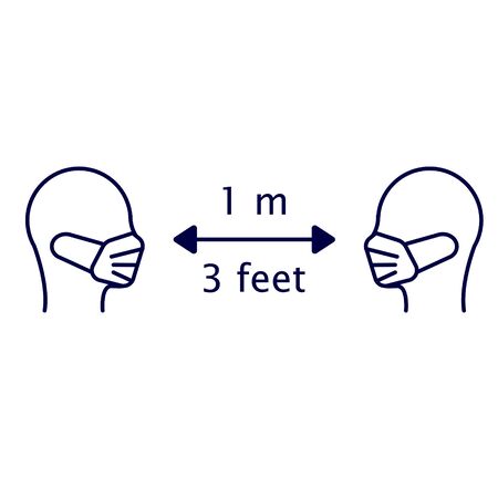 Keep distance. Sign. Men in masks are kept at a distance of 1m. Coronavirus epidemic protective equipment. Preventive measures. Vector illustrationのイラスト素材