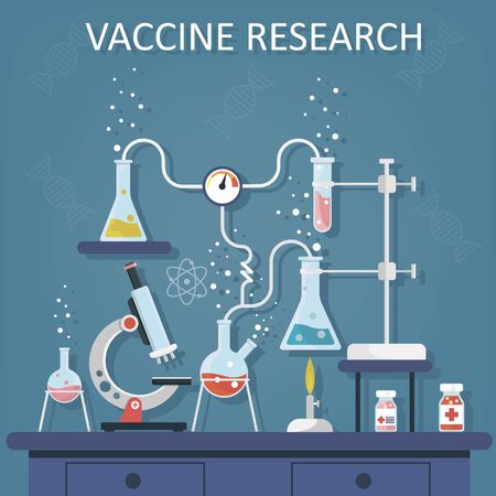 Laboratory Research. Medical Research. Testing of vaccine. Vaccine of coronavirus .Chemists scientists equipment. Flat design banner for web. Vector illustrationのイラスト素材